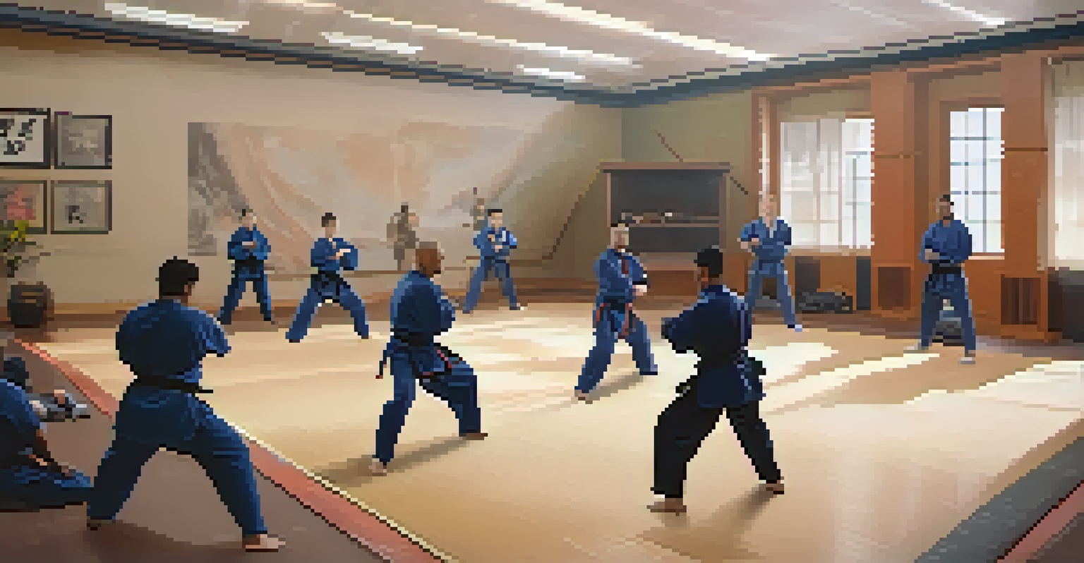 A split-screen view of an online self-defense training class, featuring an instructor and diverse participants practicing techniques.