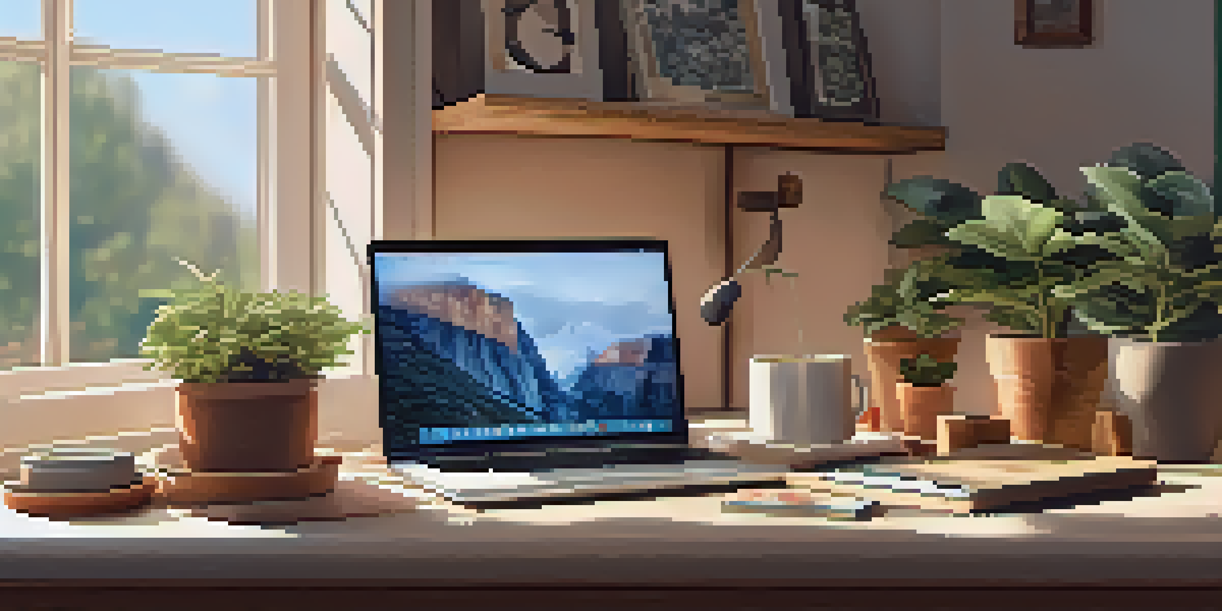 A workspace with a wooden desk containing social media icons and a laptop, illuminated by soft afternoon sunlight.