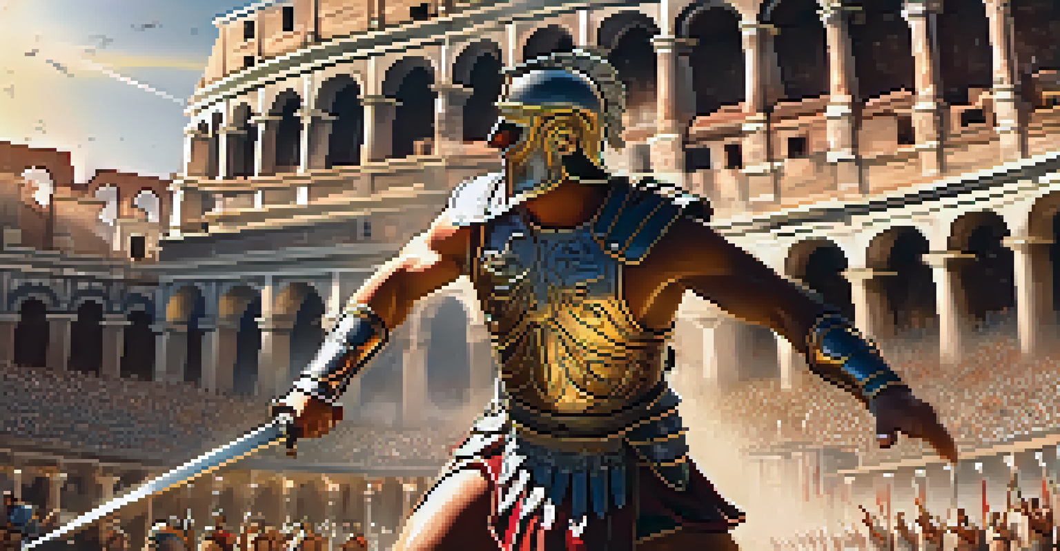 A Roman gladiator in an action pose holding a sword, set against the backdrop of a crowded coliseum.