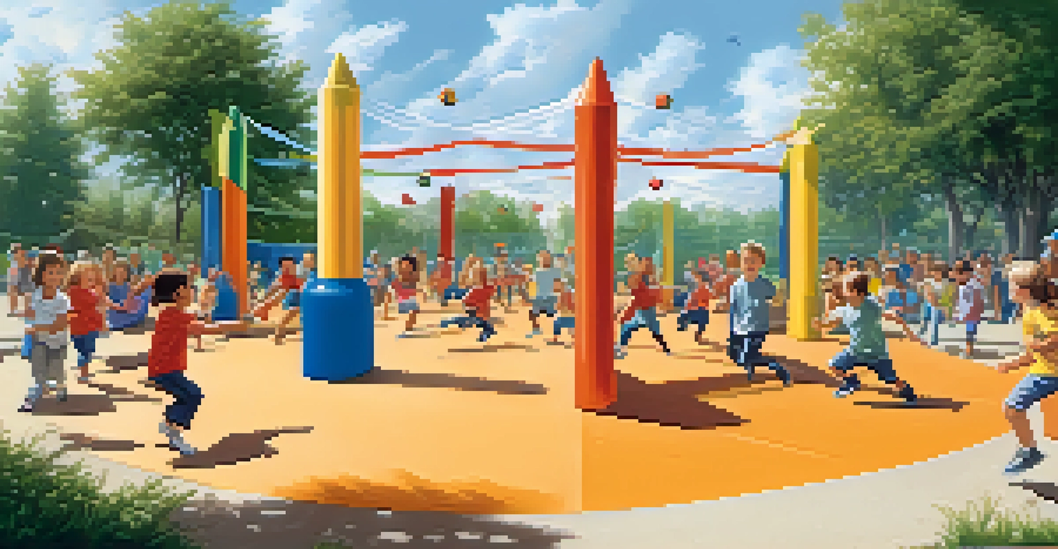 Children enjoying an outdoor self-defense obstacle course, exhibiting enthusiasm as they navigate through various challenges in a sunny park.