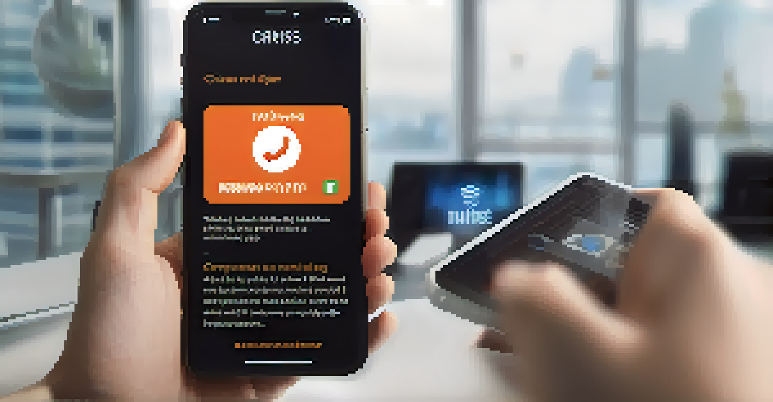 A close-up image of a hand holding a smartphone with a crisis communication app open, showing notifications and updates.