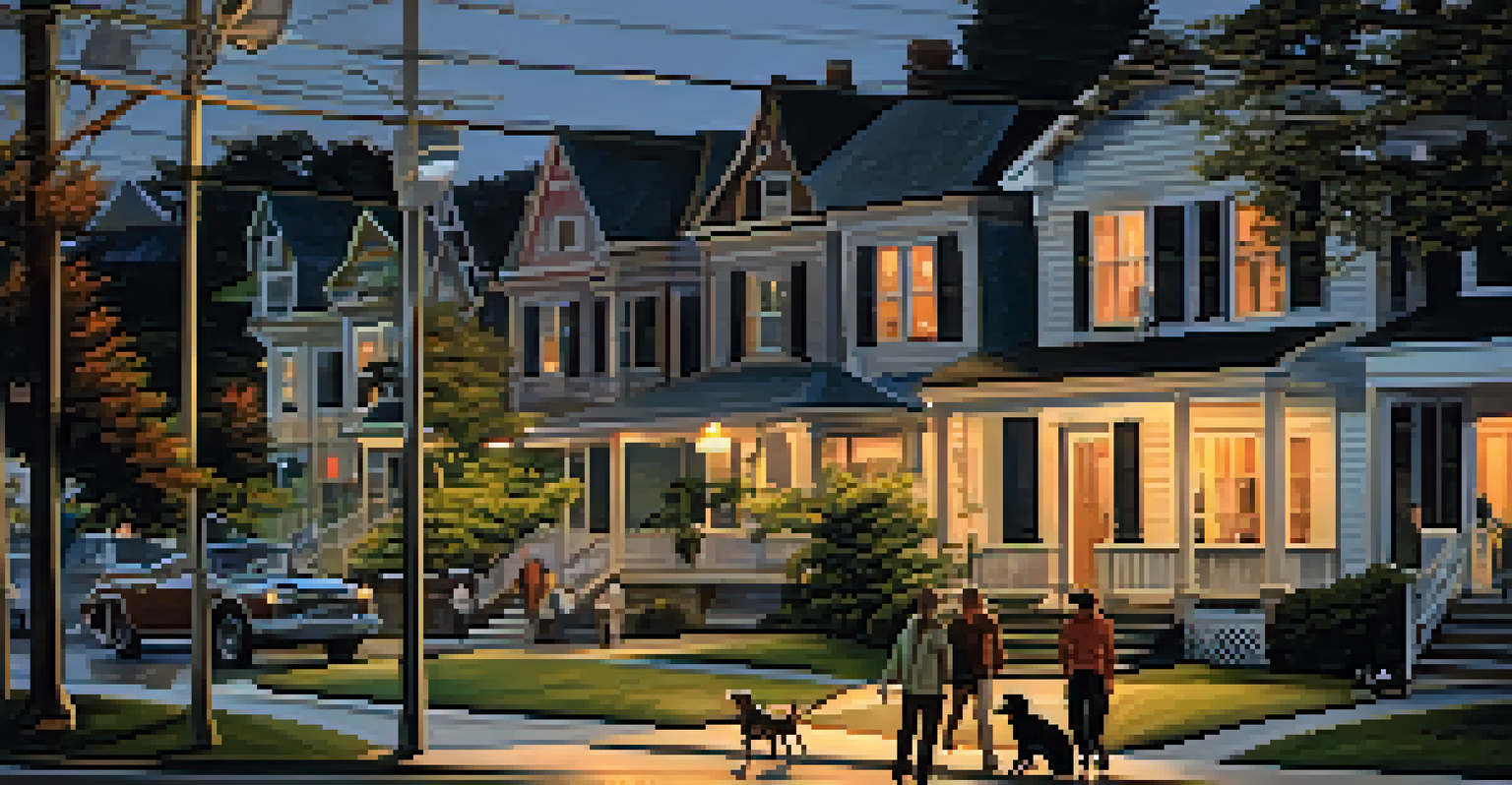 Residents enjoying their evening in a safe and friendly neighborhood, walking dogs and chatting on porches.