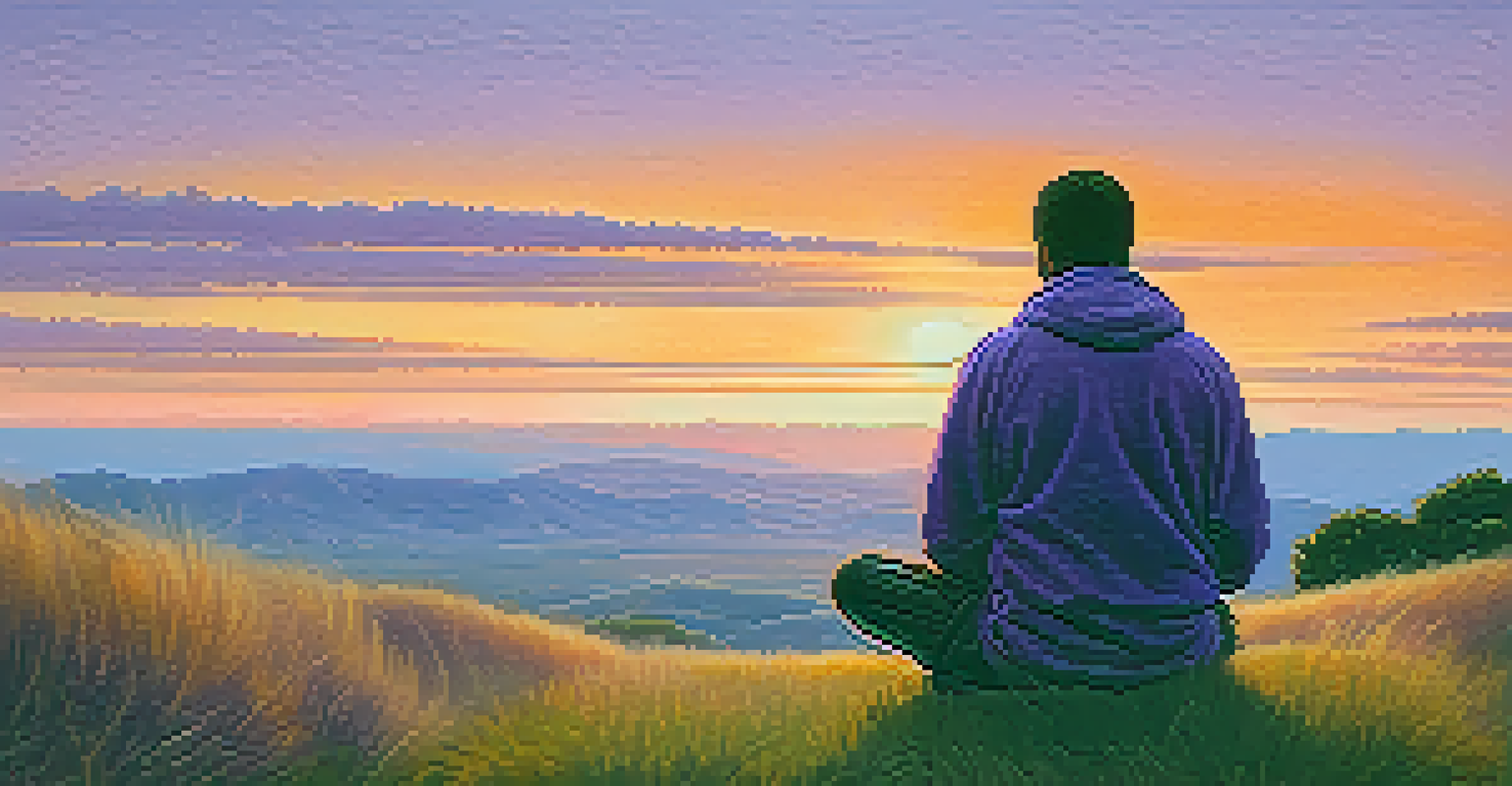 A traveler sitting cross-legged on a grassy hilltop at sunset, practicing mindfulness techniques with a calm and focused expression.