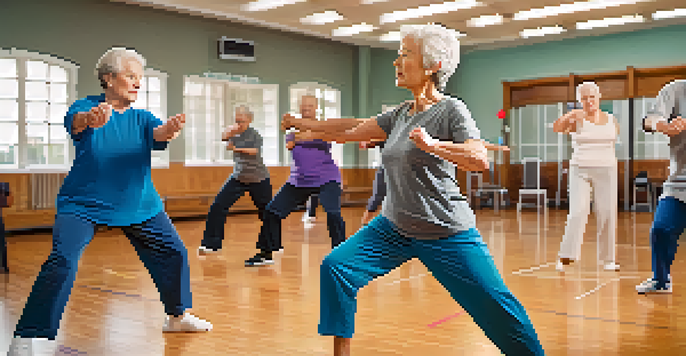 A senior woman practicing self defense in a community center, displaying confidence and determination.