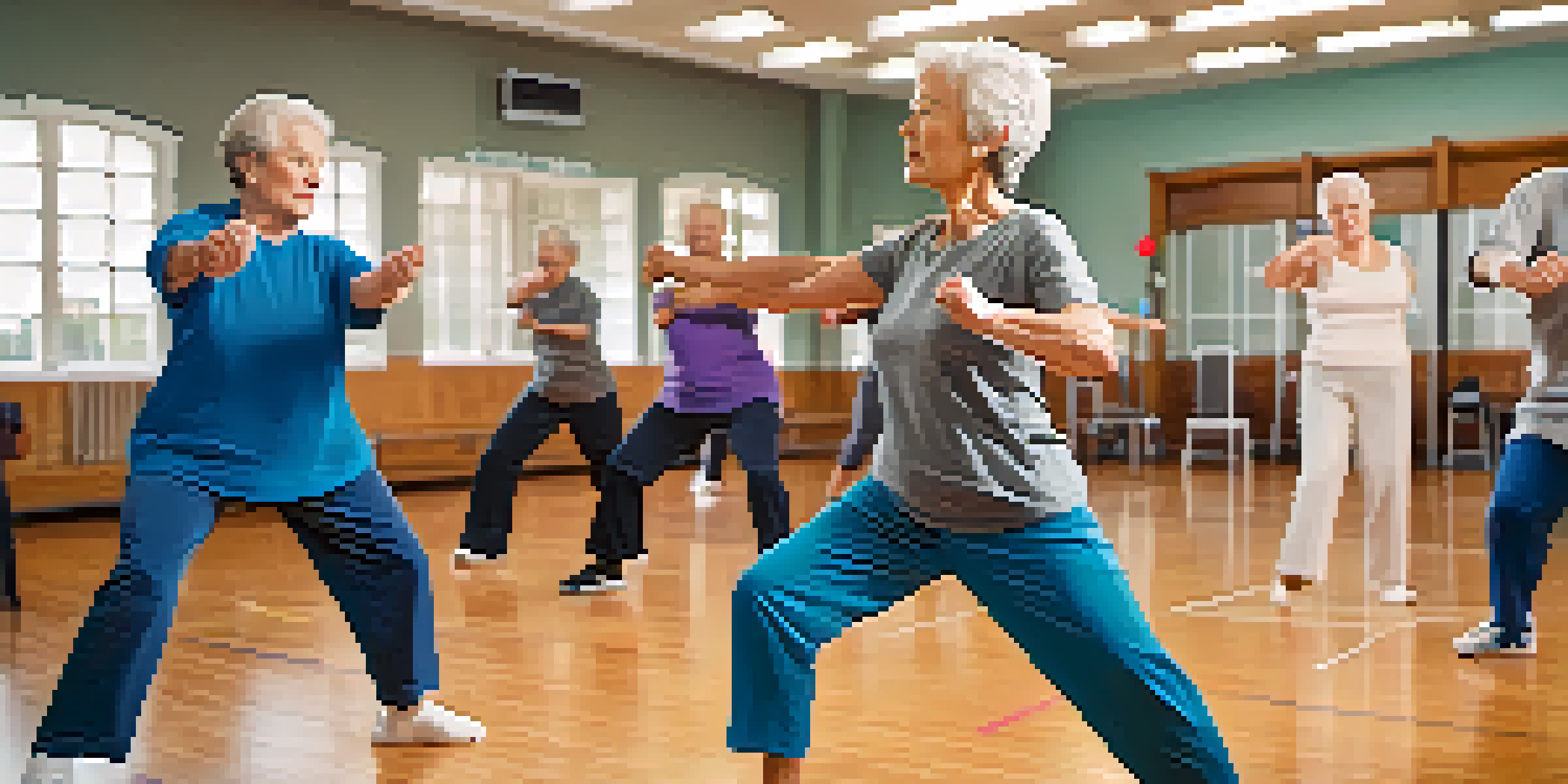 A senior woman practicing self defense in a community center, displaying confidence and determination.