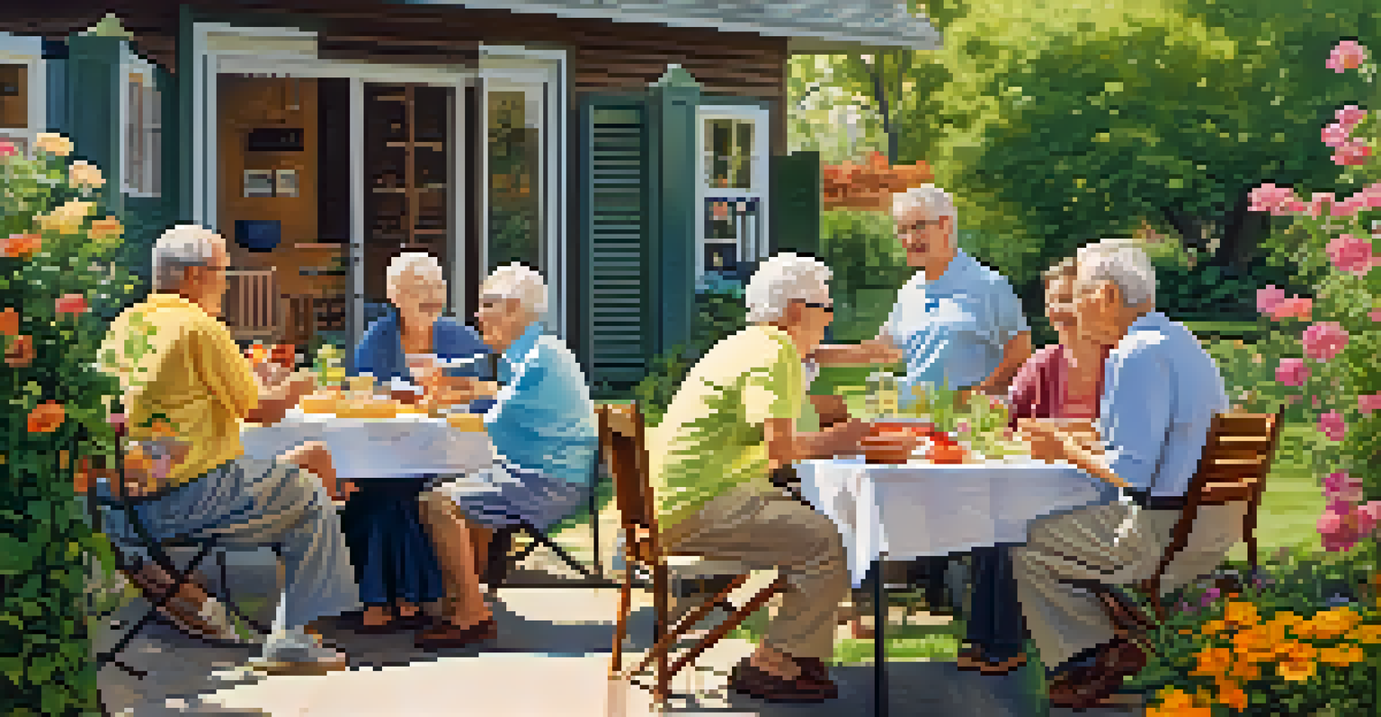 Seniors enjoying a meal outdoors with neighbors in a sunny garden, showcasing a warm sense of community and support.