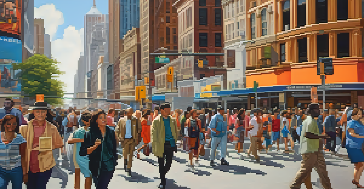 A vibrant urban street in the United States with diverse people walking among modern buildings.