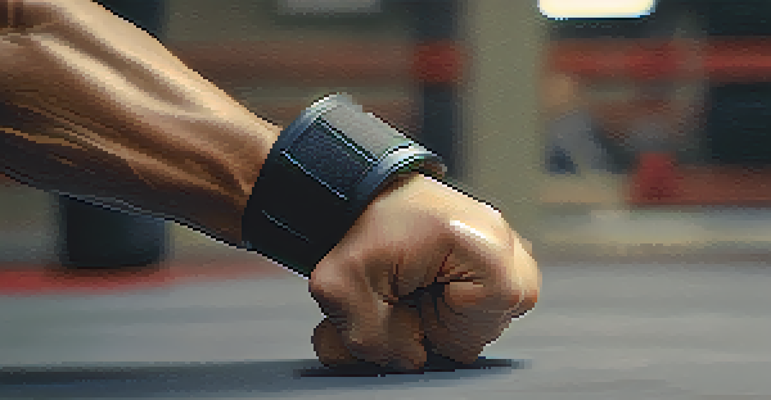 A close-up of a person's hand making a fist for a self-defense demonstration, with a blurred training environment in the background.