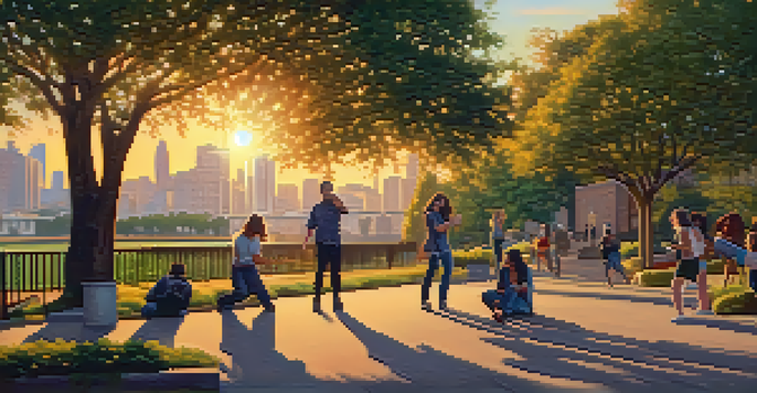 A woman practicing self-defense in a park at sunset, holding a pepper spray canister.