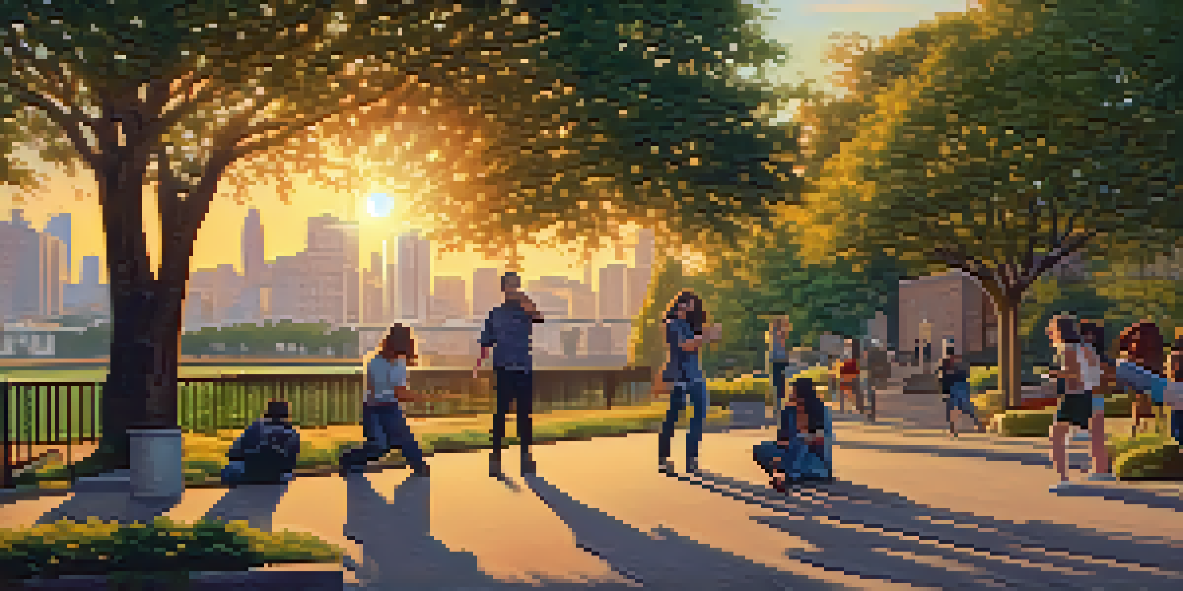 A woman practicing self-defense in a park at sunset, holding a pepper spray canister.