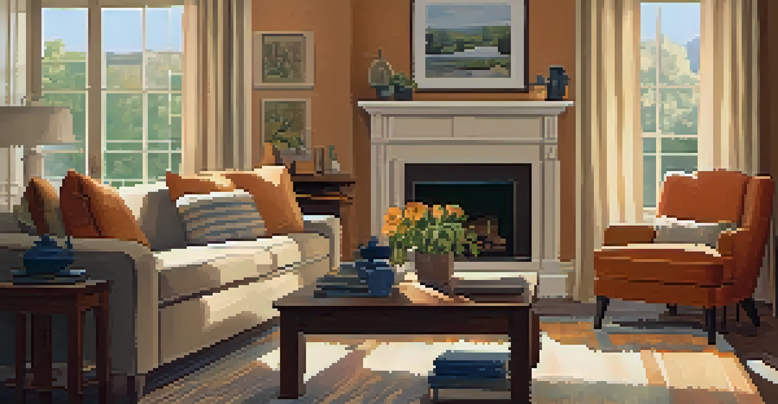 A warm and inviting living room with a sofa, fireplace, and family photos.