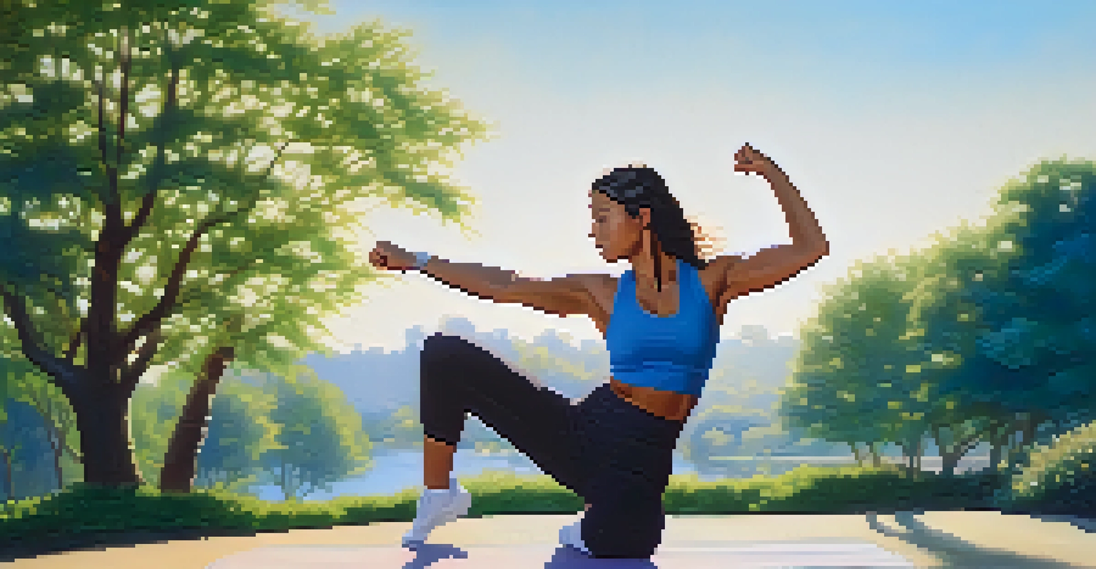 A woman practicing self-defense in a peaceful park surrounded by greenery, wearing athletic clothes and looking confident under the sunlight.