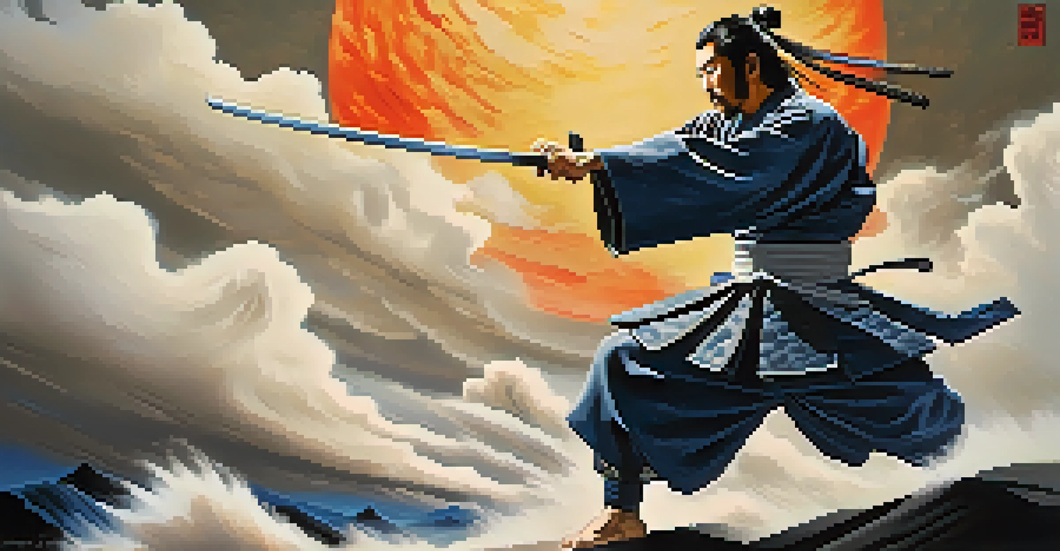 Miyamoto Musashi practicing his two-sword technique in a dynamic pose, wearing traditional samurai armor with a dramatic backdrop.
