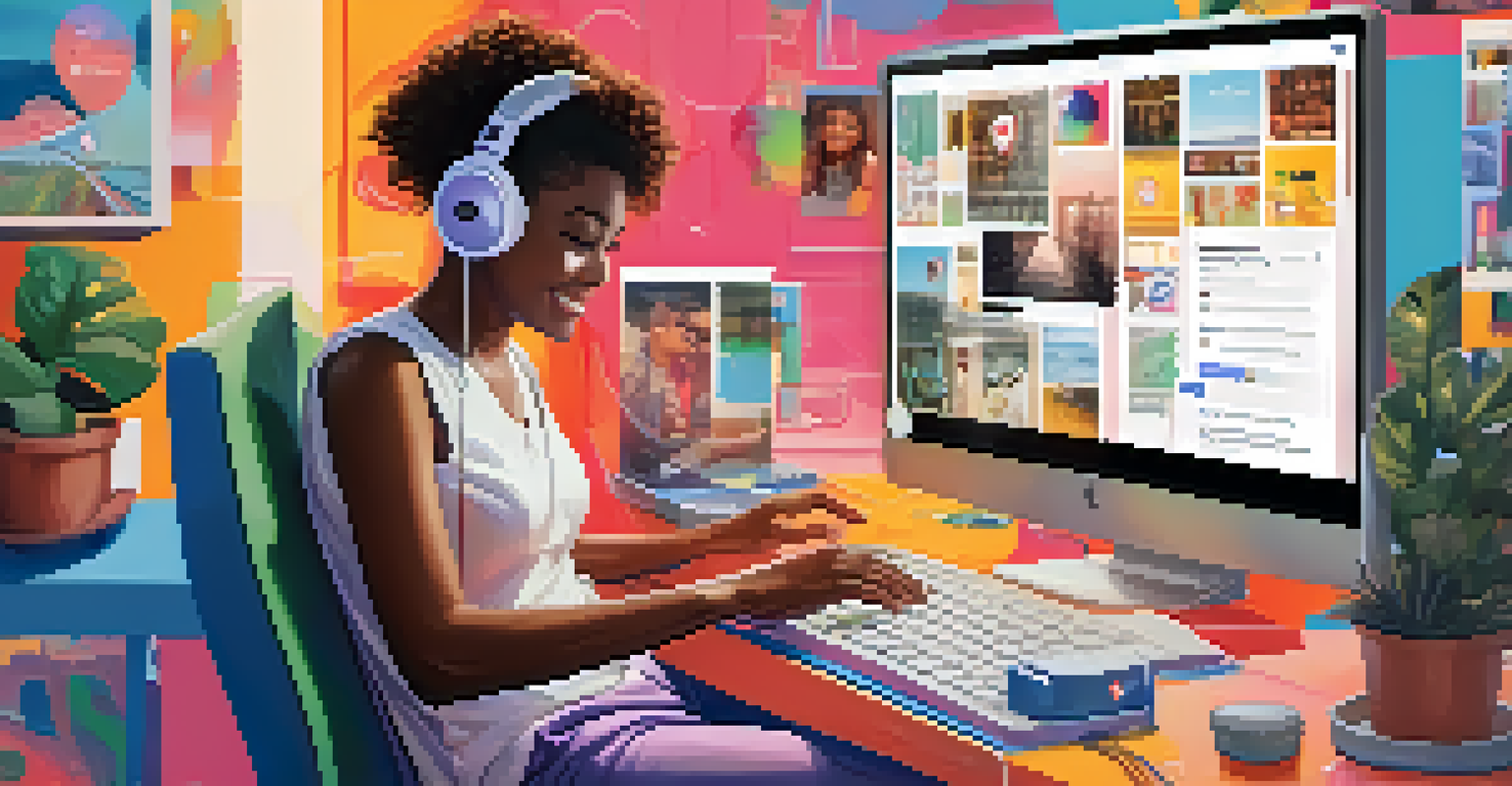 An illustration of a person setting boundaries on social media, confidently typing a message at their computer with colorful graphics in the background.