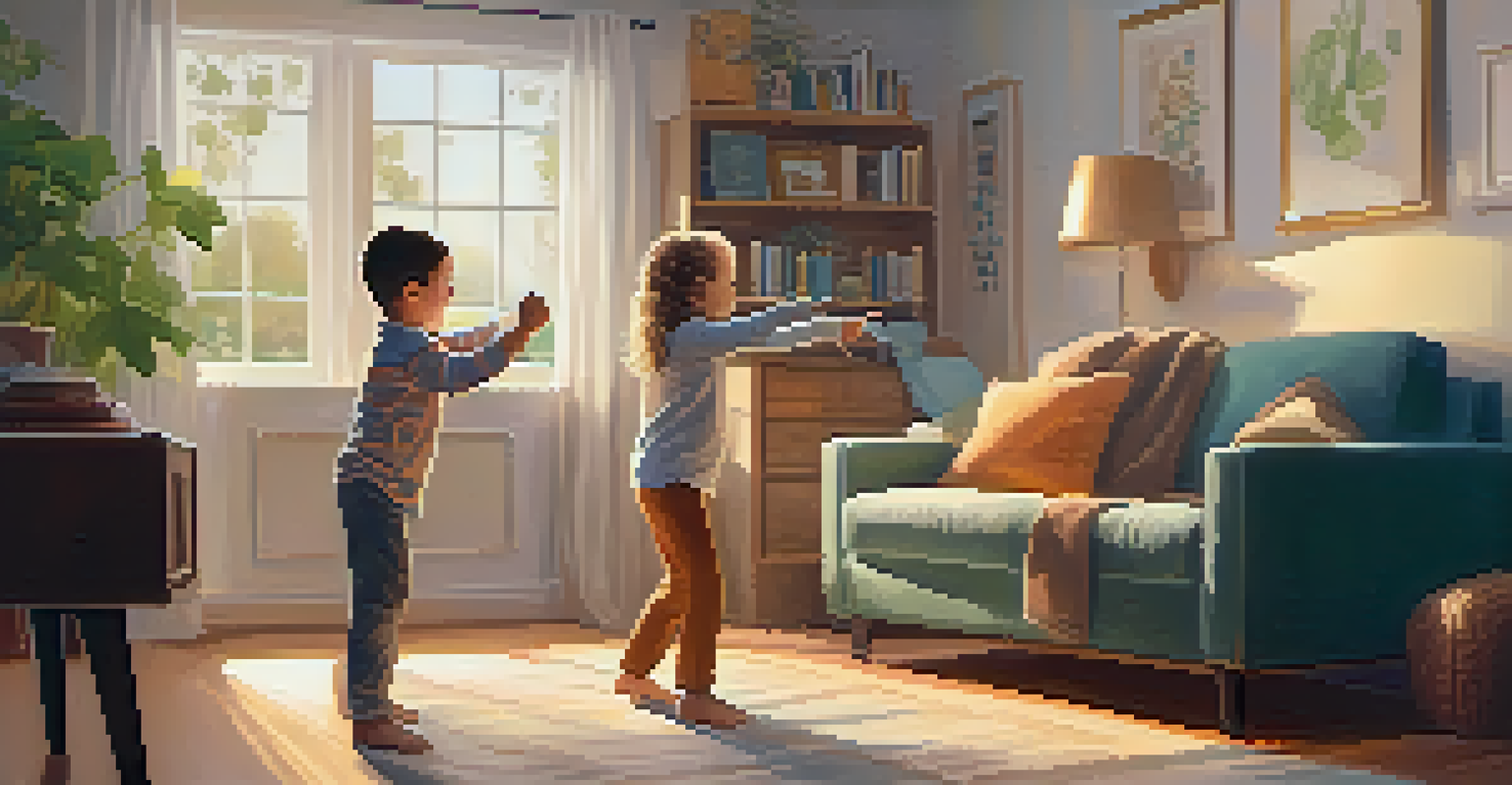 A parent and child happily practicing self-defense techniques together in a cozy living room filled with family photos and warm lighting.