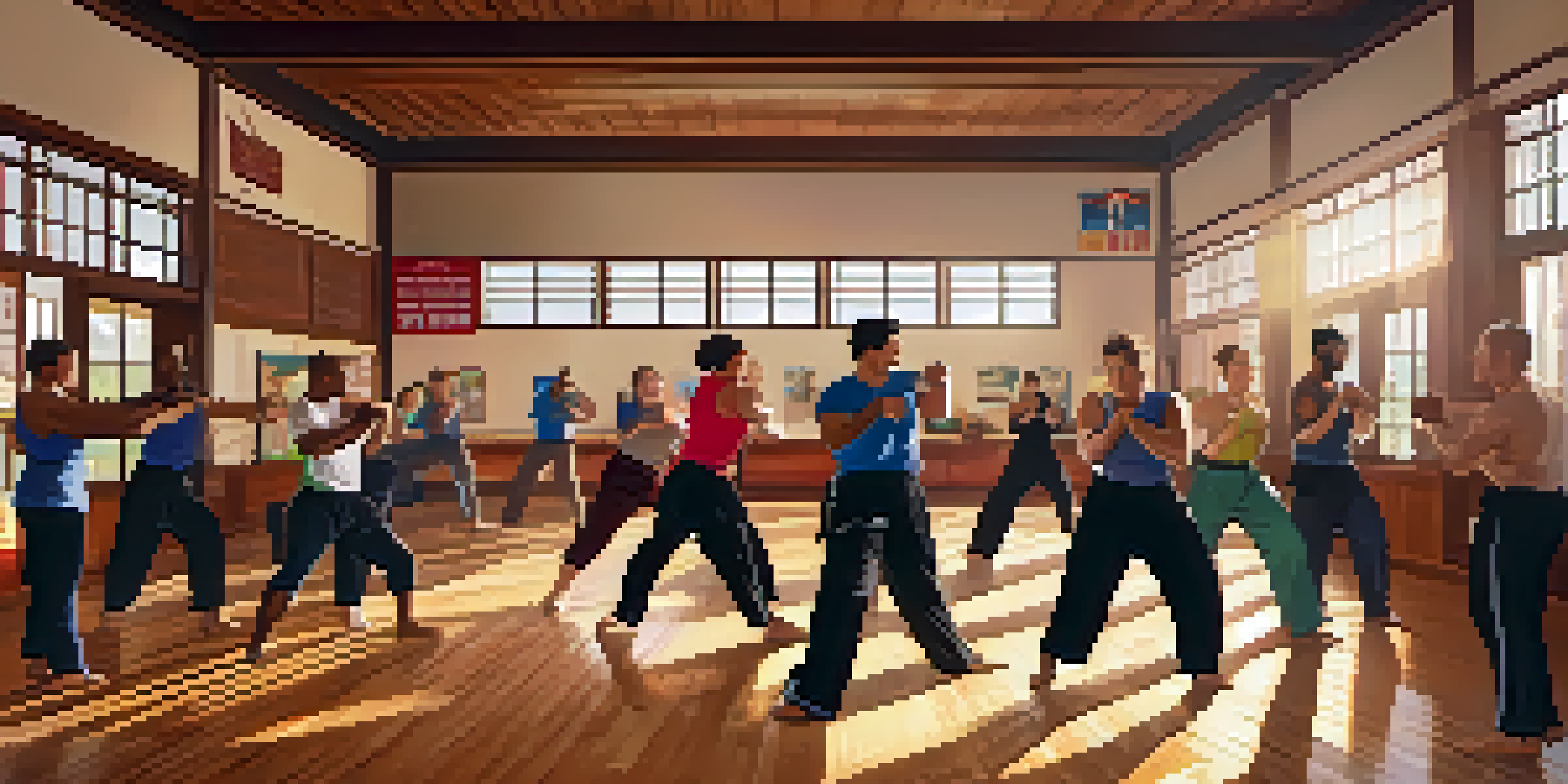 A self-defense class in a dojo with diverse individuals practicing techniques, surrounded by warm sunlight and motivational posters.