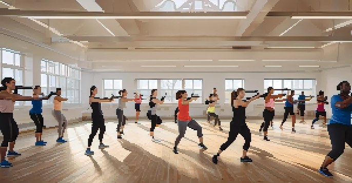 A group of diverse individuals practicing self-defense techniques in a bright studio, demonstrating determination and joy.