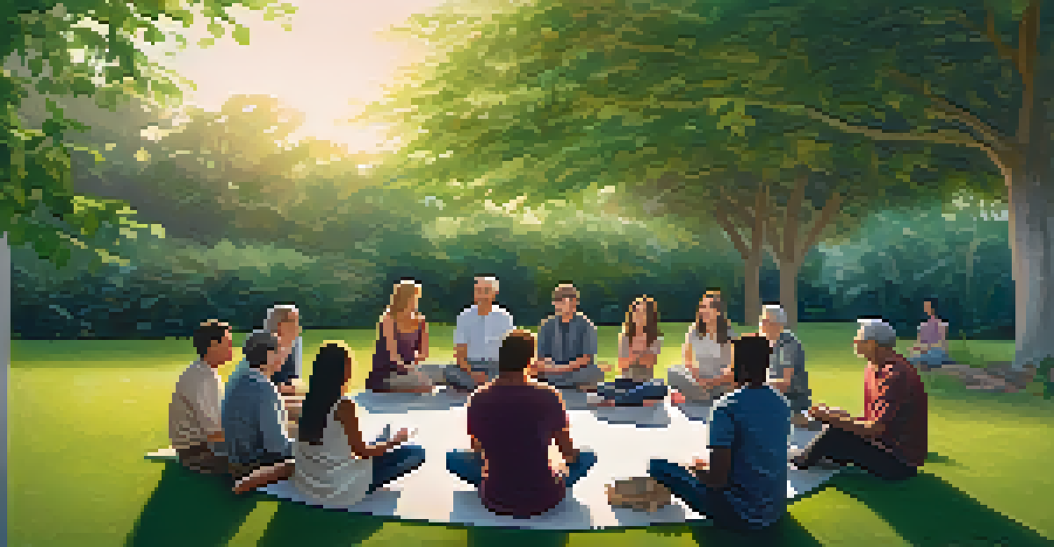 A community gathering outdoors discussing mental resilience, surrounded by nature.