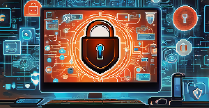 A computer screen displaying a digital lock symbol with cybersecurity icons in a blurred office background.