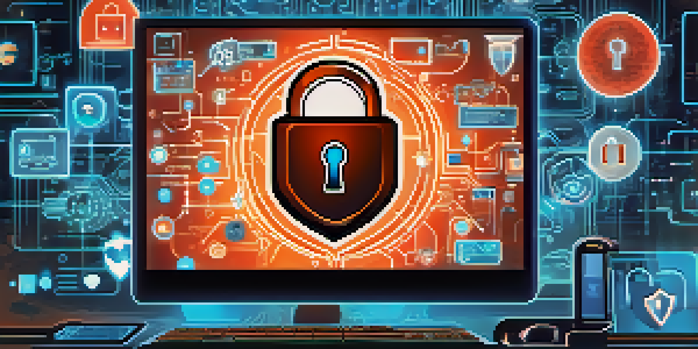 A computer screen displaying a digital lock symbol with cybersecurity icons in a blurred office background.