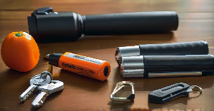 A close-up view of different non-lethal self-defense tools on a wooden table, including pepper spray, a personal alarm, a stun gun, and a self-defense keychain.