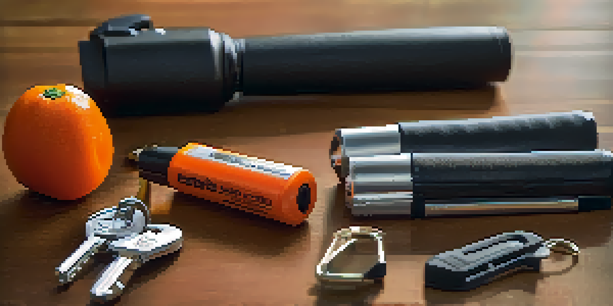 A close-up view of different non-lethal self-defense tools on a wooden table, including pepper spray, a personal alarm, a stun gun, and a self-defense keychain.