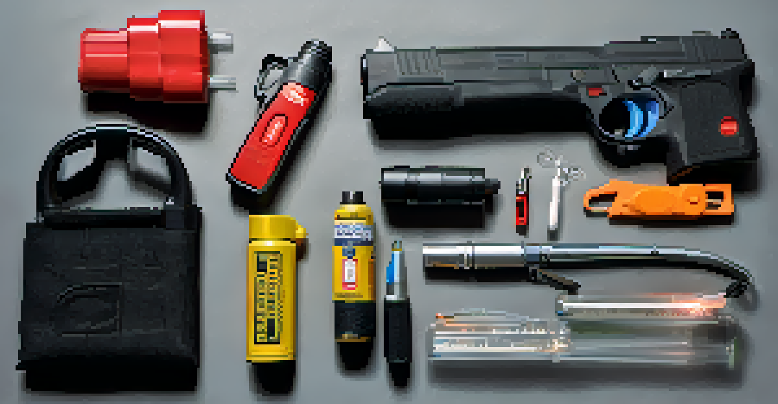 A close-up view of personal safety tools such as pepper spray and a flashlight on a table.