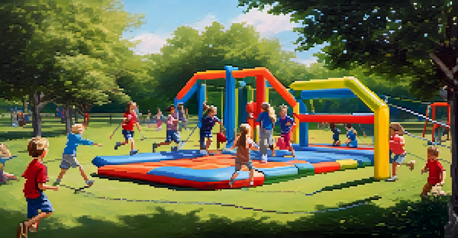 Children practicing self-defense moves in an outdoor obstacle course, showcasing teamwork and physical activity.