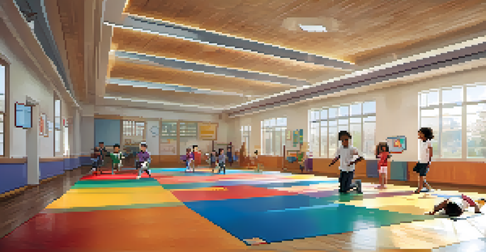 A diverse group of children practicing self-defense in a bright gymnasium, guided by an instructor.