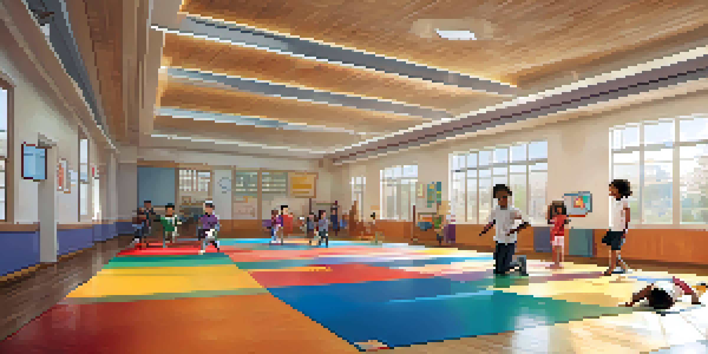 A diverse group of children practicing self-defense in a bright gymnasium, guided by an instructor.