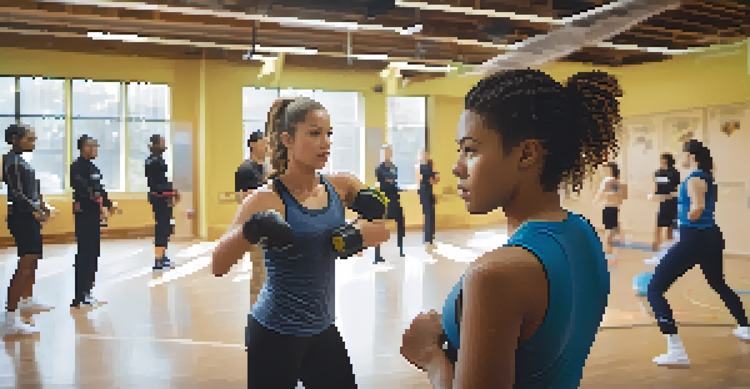 A young woman practicing self-defense techniques in a gym, holding a pepper spray canister with a focused expression.