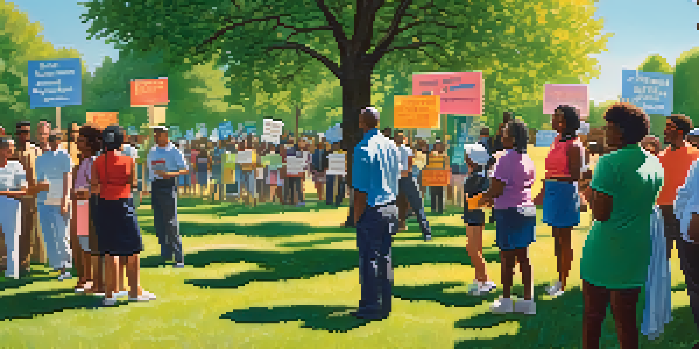 A diverse group of activists in a park, holding colorful signs and engaging in conversation under the sunlight.