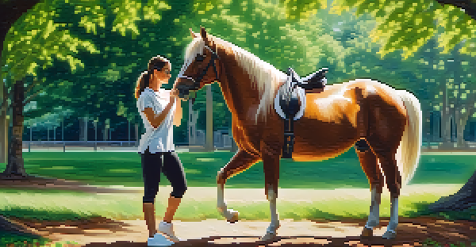 A woman practicing self-defense in a park, demonstrating a strong horse stance amidst trees and soft sunlight.