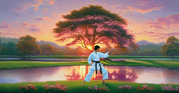 A martial artist practicing self-defense in a park at sunset, with vibrant colors in the sky and a peaceful pond nearby.