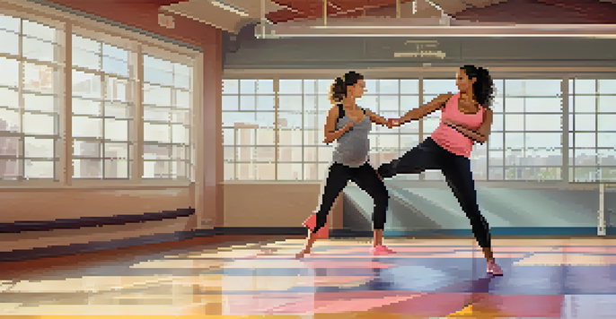 An expecting couple practicing self-defense techniques in a bright gym, with the woman demonstrating a defensive stance and her partner encouraging her.
