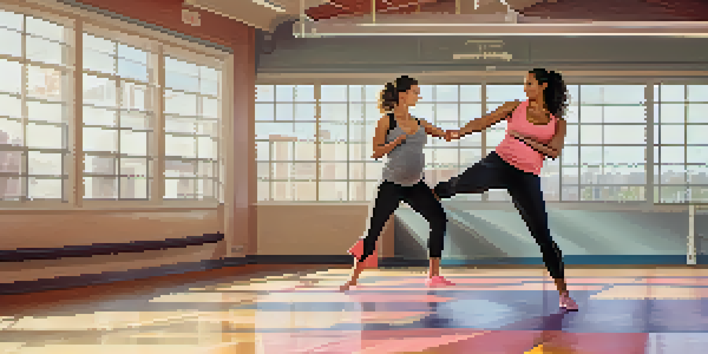 An expecting couple practicing self-defense techniques in a bright gym, with the woman demonstrating a defensive stance and her partner encouraging her.