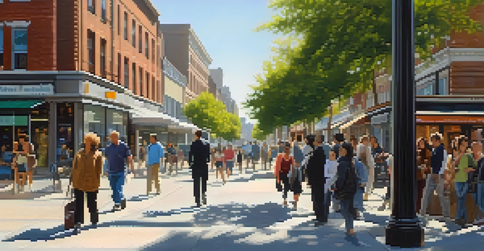 A woman walking on a busy street, looking around thoughtfully as people and storefronts surround her.