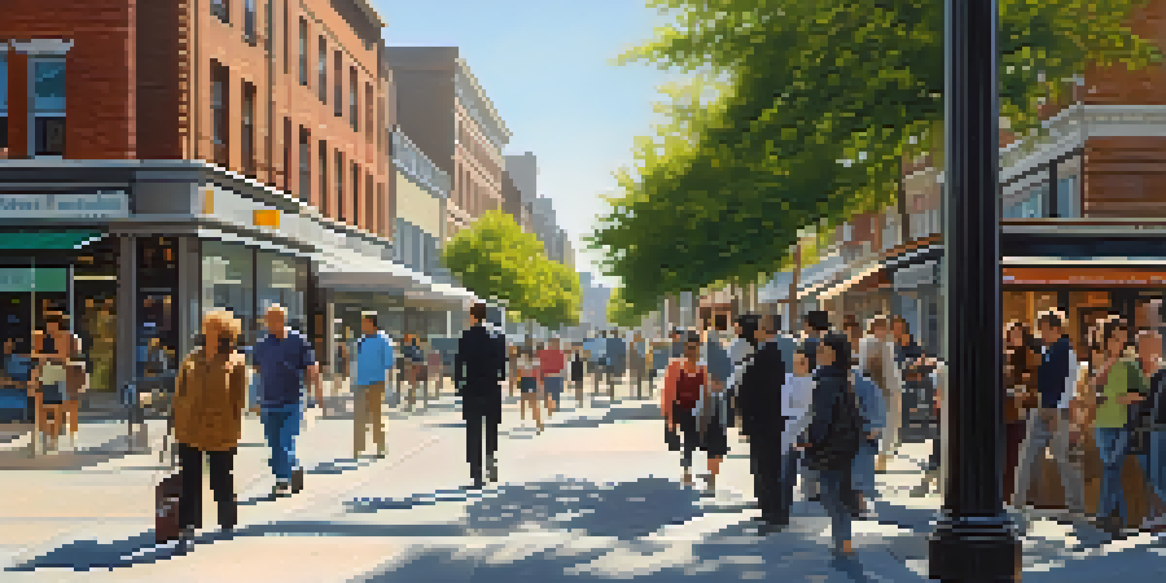 A woman walking on a busy street, looking around thoughtfully as people and storefronts surround her.