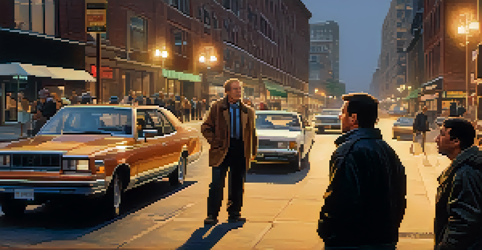A city street scene with a bystander observing a heated argument between two individuals.