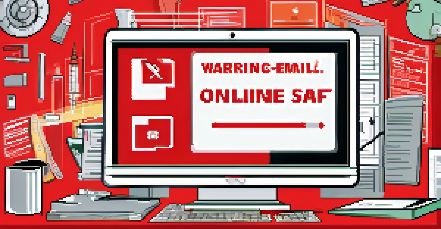 A close-up of a computer screen warning about phishing emails, with office supplies in the foreground.