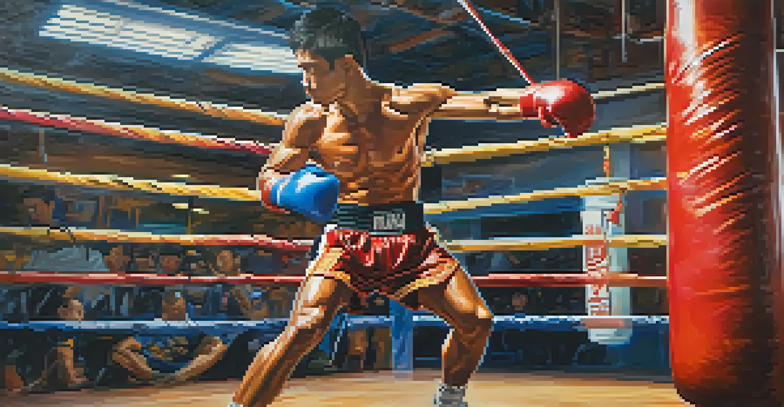 A Muay Thai fighter performing an elbow strike in a gym, with training equipment in the background.