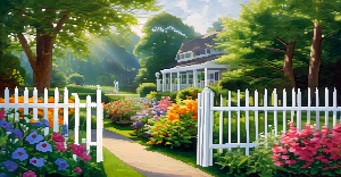 A tranquil garden scene with a white picket fence, colorful flowers, and sunlight filtering through the leaves.