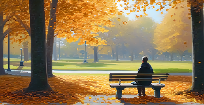 A person meditating on a bench in a park filled with autumn leaves, surrounded by trees and soft sunlight.