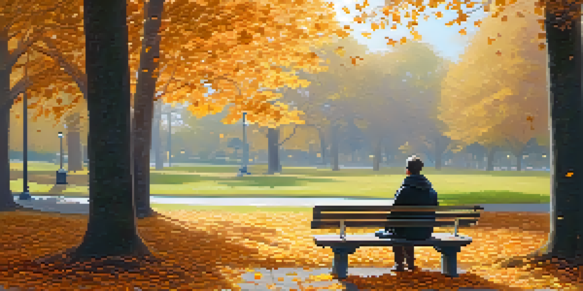 A person meditating on a bench in a park filled with autumn leaves, surrounded by trees and soft sunlight.