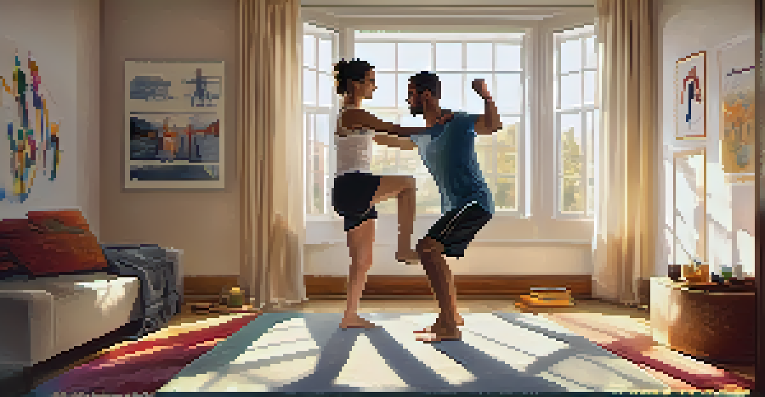 A person practicing self-defense moves in a bright living room, showcasing a wrist escape technique with a spacious and sunny background.