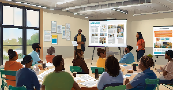 A diverse group of individuals participating in a workshop about bystander intervention in a well-lit community center.