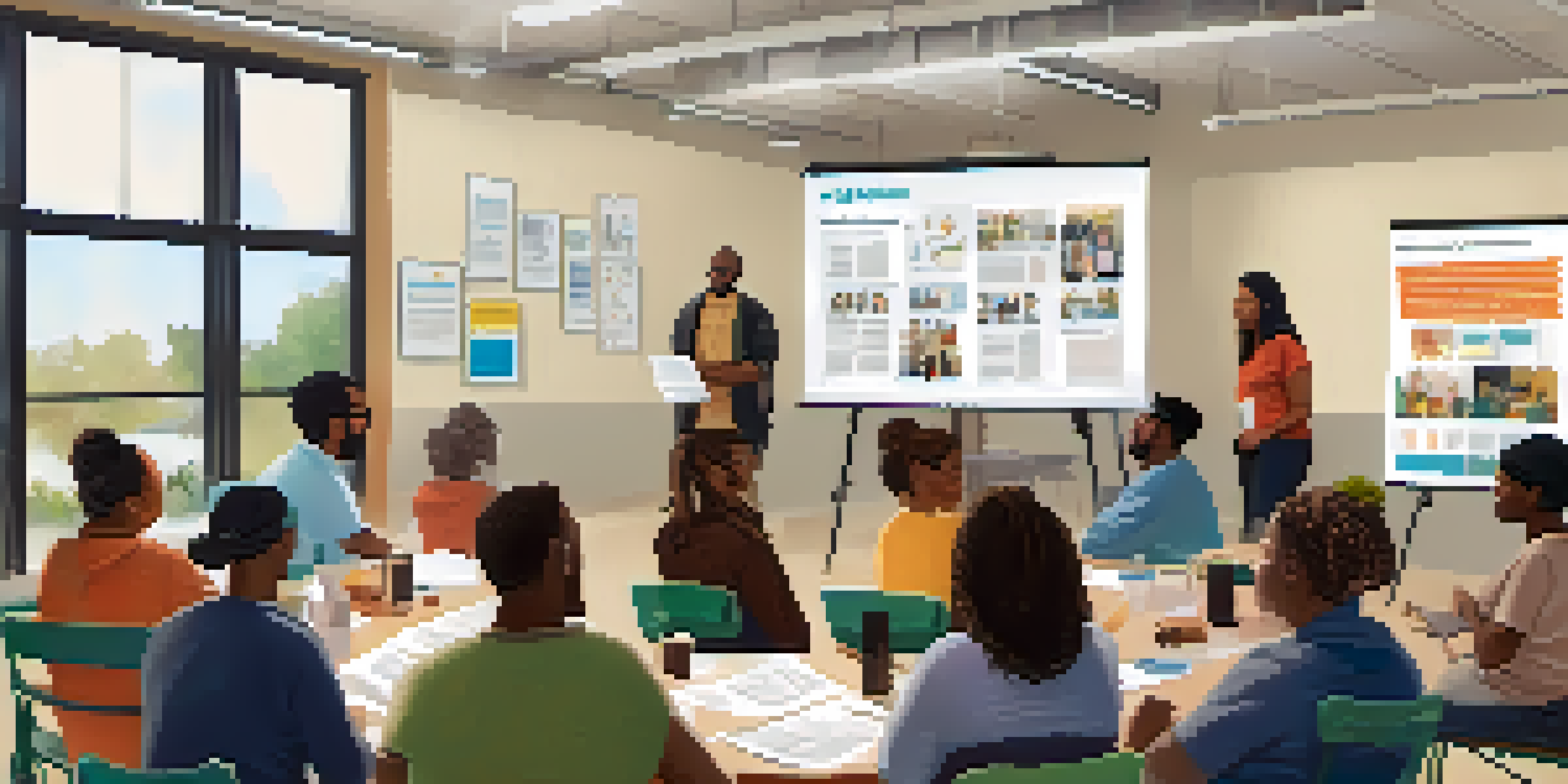 A diverse group of individuals participating in a workshop about bystander intervention in a well-lit community center.