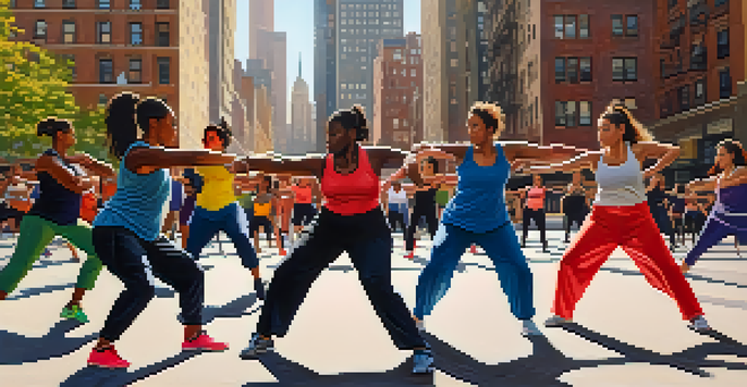 A diverse group of women engaged in a self-defense workshop in an urban environment, showcasing their movements and expressions.