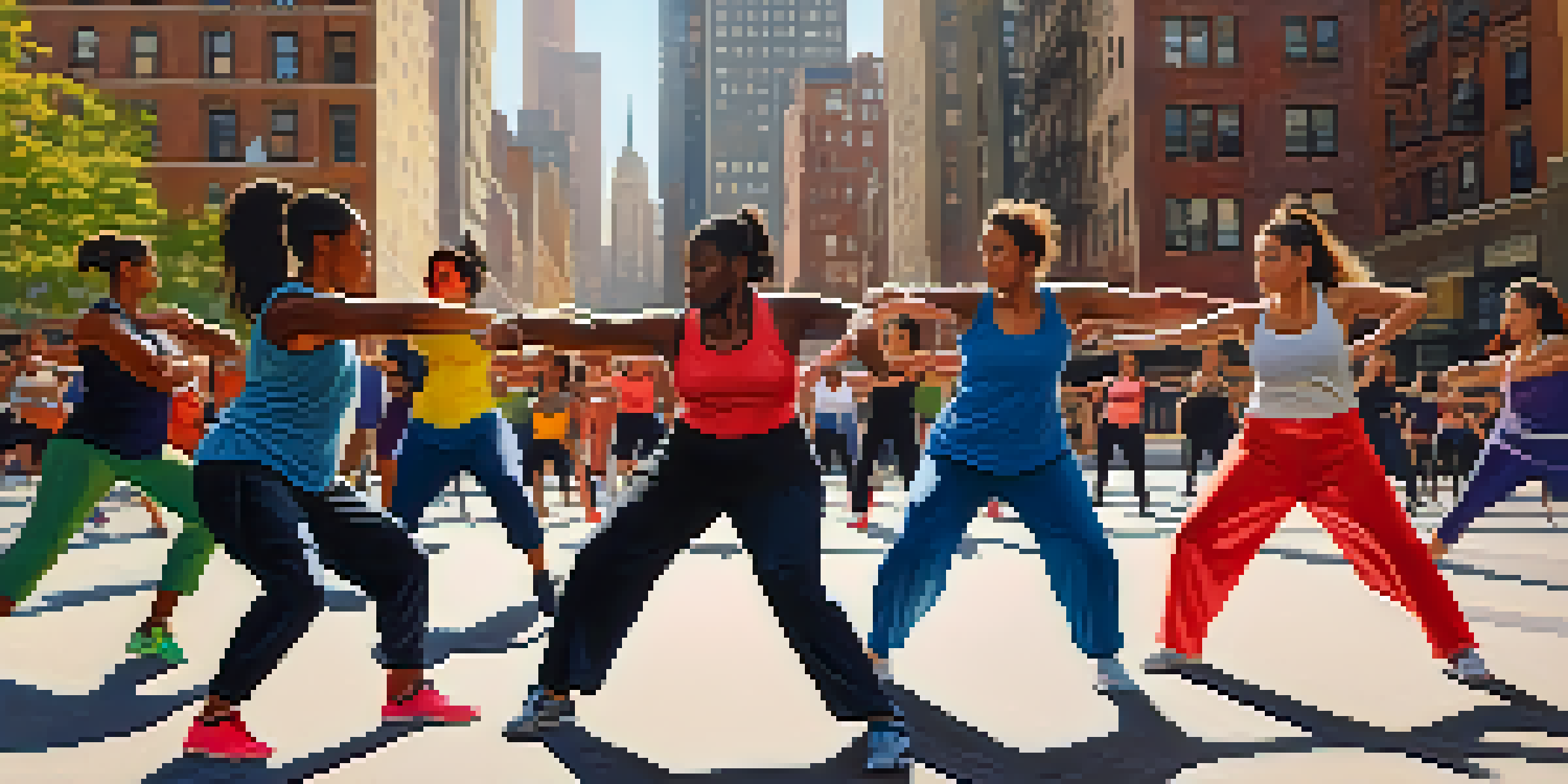 A diverse group of women engaged in a self-defense workshop in an urban environment, showcasing their movements and expressions.