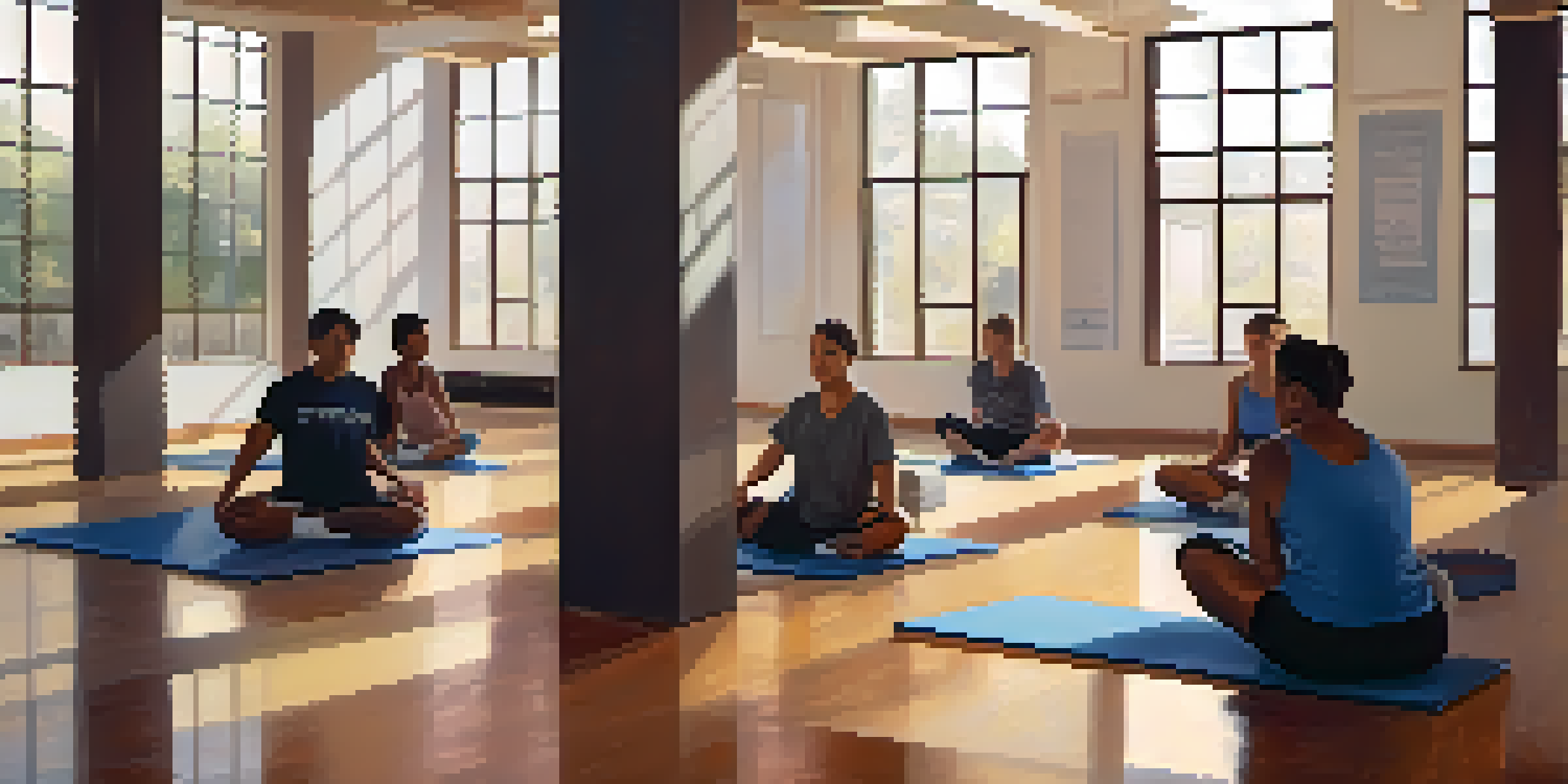 A group of diverse individuals engaged in self-defense training in a well-lit room, practicing techniques with a sense of community and support.